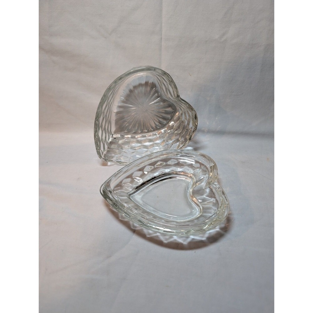 Vintage Homco Heart Trinket Box Glass Basket Weave Lid 6" Candy Dish Home‎ Decor